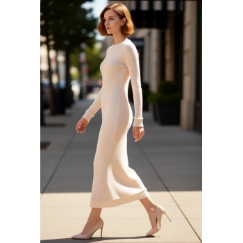 Kadın Fitilli Dik Yaka Uzun Kol Triko Elbise Vücuda Oturan Midi Boy Şık Tasarım Günlük Kullanım