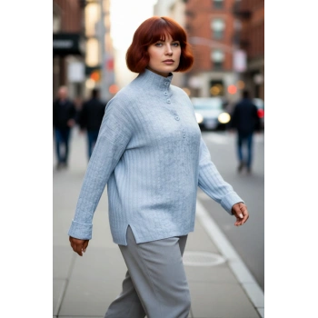 Kadın Fitilli Dokuma Triko Kazak Relaxed Kalıp Dik Yaka Düğmeli Detay Kış Konforu Şıklığı Kaliteli