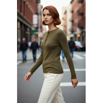 Kadın Fitted Basic Merserize Gorunumlu Dugmeli Fitilli Triko Ust Ilkbahar Sonbahar Sikligi