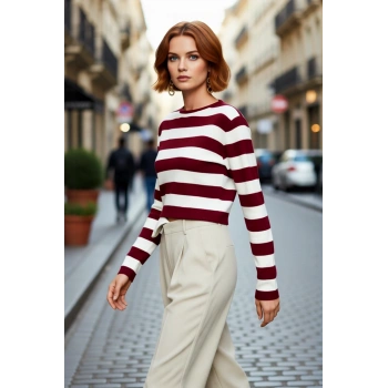 Kadın Fitted Bisiklet Yaka Super Crop Çizgili Triko Kazak İlkbahar Sonbahar Casual Tarz İçin Ideal