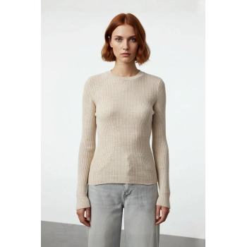 Kadın Fitted Bisiklet Yaka Uzun Kollu Fitilli Triko Kazak Günlük Şık ve Konforlu Stil Kaliteli