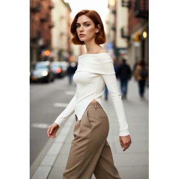 Kadın Fitted Carmen Yaka Düz İnce Triko Bluz Uzun Standart Kol Şık Tasarım Günlük Ve Gece Kombinleri