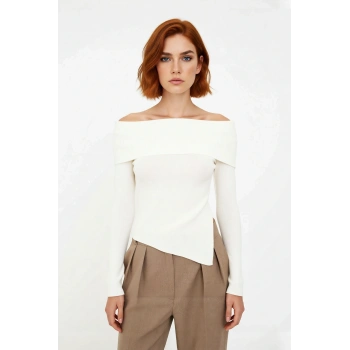 Kadın Fitted Carmen Yaka İnce Triko Kazak Uzun Standart Kol Düz Premium İplik Sonbahar Şıklığı