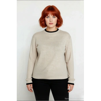 Kadın Fitted Dik Yaka Fitilli Triko Kazak Standart Kol Basic Siluet İnce Akrilik Günlük Şıklık