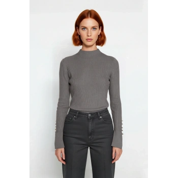 Kadın Fitted Dik Yaka Uzun Kollu Fitilli Dokuma Triko Kazak Casual Basic Şıklık Sunar Kaliteli