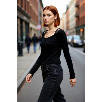 Kadın Fitted Düşük Kol Uzun Kollu Kayık Yaka Crop İnce Triko Hırka Siyah Modern Basic Şık Kombinler