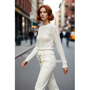 Kadın Fitted Ekru Ajurlu Triko Kazak Büzgülü Kolları Ve Rahat Kesimiyle İlkbahar Sonbahar Günlük