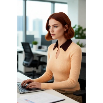 Kadın Fitted İnce Polo Yaka Triko Body Kazak Fitilli Dokuma Basic Siluet ile Günlük Şıklık