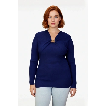 Kadın Fitted Kalıp Fitilli Triko Kazak Özel İplik Aksesuar Detaylı V Yaka Şık Tasarım Kaliteli