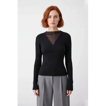 Kadın Fitted Kalıp Siyah Transparan Detaylı V Yaka Uzun Kollu İnce Triko Kazak İlkbahar Sonbahar