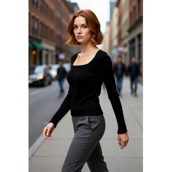 Kadın Fitted Kare Yaka Düğme Detaylı İspanyol Kol Fitilli Triko Kazak Yeni Sezon Şıklığı Kaliteli