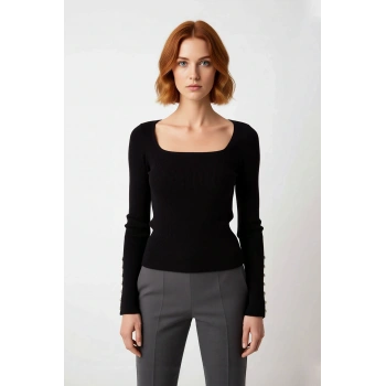 Kadın Fitted Kare Yaka İspanyol Kol Düğme Detaylı Fitilli Triko Kazak İlkbahar Sonbahar Şıklığı