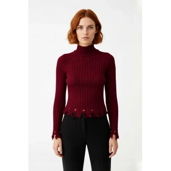 Kadın Fitted Kesim Crop Dik Yaka Uzun Reglan Kollu Fitilli Triko Kazak Soğuk Havalar İçin Şık Ve