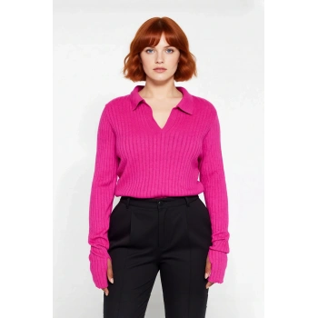 Kadın Fitted Kesim Polo Yaka Fitilli Akrilik Triko Kazak Kışlık Kombinlerin Şık Tamamlayıcısı