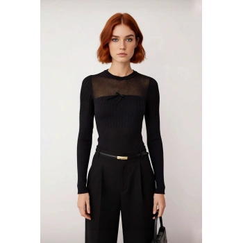 Kadın Fitted Kesim Transparan Detaylı Ajurlu Bisiklet Yaka Merserize Görünümlü Triko Kazak