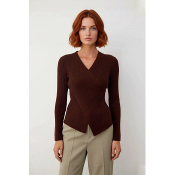 Kadın Fitted Kruvaze Yaka Uzun Kollu Akrilik Triko Kazak İlkbahar Sonbahar Günlük Şık Kombinler İçin