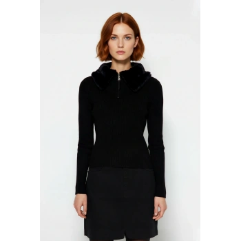 Kadın Fitted Kürklü Yaka Triko Kazak Basic Siluet Uzun Kollu Şık Günlük Gündüz Gece Kombinleri İçin