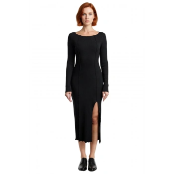 Kadın Fitted Midi Elbise Kayık Yaka Uzun Kollu Yırtmaçlı Örme Kumaşıyla Şık Ve Rahat Bir Stil Sunar