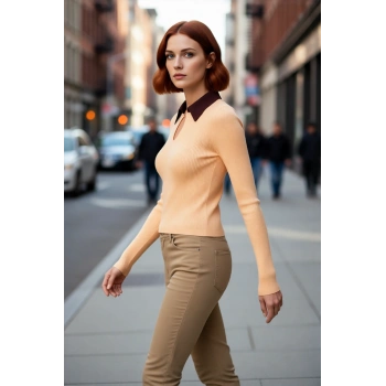 Kadın Fitted Polo Yaka İnce Triko Body Kazak Özel İplik Dokusuyla Cool ve Rahat Günlük Giyim