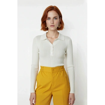 Kadın Fitted Polo Yaka Uzun Kol Fitilli Triko Kazak İlkbahar Sonbahar İçin İdeal Seçim Kaliteli