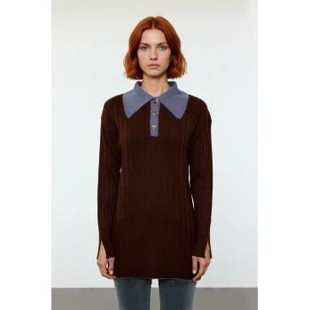 Kadın Fitted Polo Yaka Uzun Kollu Dokulu Triko Kazak Günlük Şıklığı Tamamlayan Akrilik Dokusu