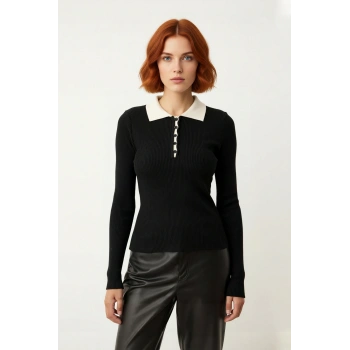 Kadın Fitted Polo Yaka Uzun Kollu Triko Kazak Fitilli Desenli Şık Günlük Modern Kışlık Tasarım