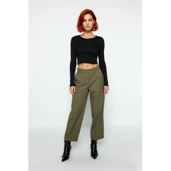 Kadın Fitted Super Crop Bisiklet Yaka Uzun Kollu Fitilli Triko Bluz Yan Detaylı İlkbahar Sonbahar
