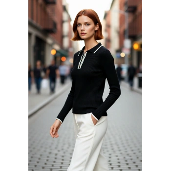 Kadın Fitted Triko Polo Yaka Kazak Zarif Renk Bloklu Tasarımıyla Günlük Şıklığı Tamamlar Kaliteli