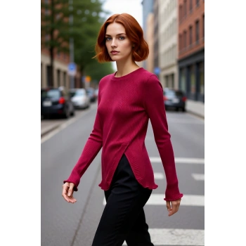 Kadın Fitted Uzun Boy Fitilli Triko Kazak Asimetrik Yırtmaç Detayıyla Modern Bir Görünüm Kaliteli