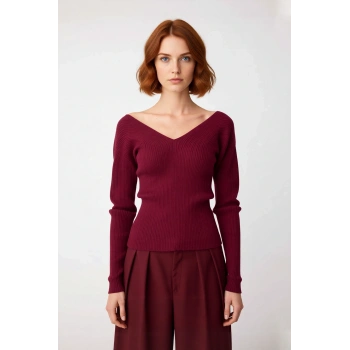 Kadın Fitted V Yaka Ajurlu İnce Triko Kazak İlkbahar Sonbahar İçin Uzun Kollu Şık Tasarım Kaliteli