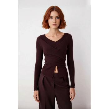 Kadın Fitted V Yaka Drape Detaylı Triko Kazak İlkbahar Sonbahar Günlük Şıklık İçin İdeal Seçim