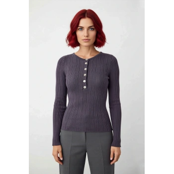 Kadın Fitted Vücuda Oturan Fitilli Bisiklet Yaka Uzun Kollu Triko Kazak İlkbahar Sonbahar Günlük