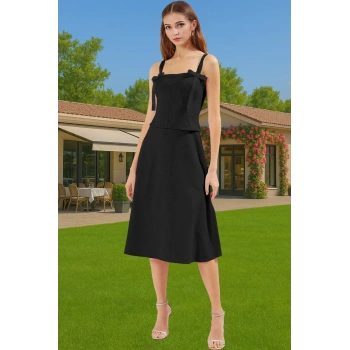 Kadın Fiyonklu A Kesim Midi Elbise Dokuma Polyester Yazlık Günlük Kullanım İçin Özenle Seçilmiş