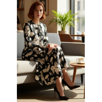 Kadın Fiyonklu Maxi Boy A line Çiçekli İspanyol Kol Bisiklet Yaka Şık Dokuma Elbise Kaliteli