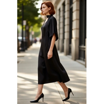 Kadın Fular Detaylı Midi Skater Elbise V Yaka Yarasa Kol Dokuma Kumaş Asil Duruş Şık Tasarım