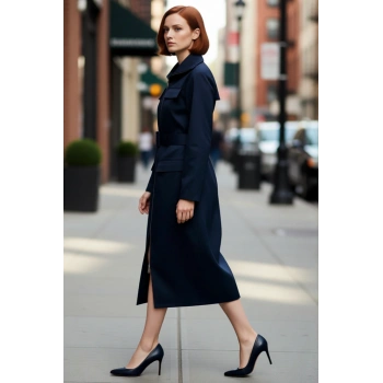 Kadın Gabardin Dokuma Fermuarlı Midi Gömlek Elbise Standart Uzun Kol Astarsız Rahat Şık Kaliteli