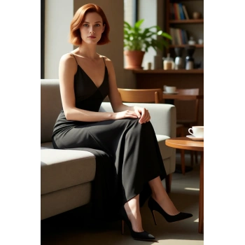 Kadın Gece Elbisesi A line Kesim Maxi Boy V Yaka İnce Askılı Örme Kumaş Modern Şıklık Kaliteli