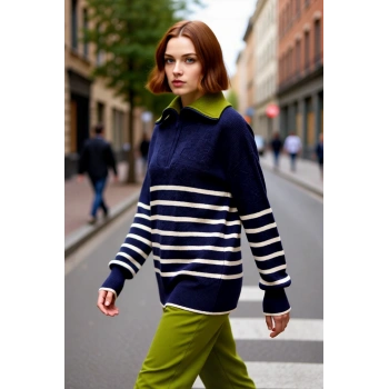 Kadın Geniş Kalıp Çizgili Yarım Fermuarlı Triko Kazak Düşük Kollu Kış Şıklığı Kaliteli Şık