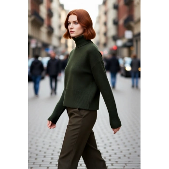 Kadın Geniş Kalıp Dik Yaka Triko Kazak Standart Kollu Orta Kalınlık Düz Desen Kış Kombinleri İçin