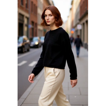 Kadın Geniş Kalıp Düz Desen Bisiklet Yaka Triko Kazak Soğuk Havalar İçin İdeal Rahatlık Kaliteli