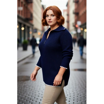 Kadın Geniş Kalıp Fermuarlı Dik Yaka Düşük Kol Akrilik Selanik Triko Kazak Günlük Şıklığınızı