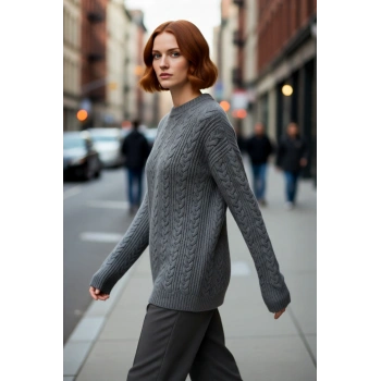 Kadın Geniş Kalıp Saç Örgü Detaylı Bisiklet Yaka Kalın Triko Kazak Günlük Şıklığınız İçin Kış