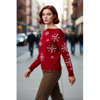 Kadın Geniş Kalıp Uzun Kollu Yılbaşı Temalı Kayık Yaka Kışlık Akrilik Triko Kazak Kaliteli