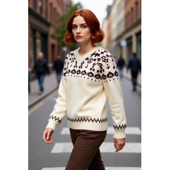 Kadın Geniş Kalıp V Yaka Etnik Desenli Reglan Kol Triko Kazak Günlük Konforlu Şık Kombinler