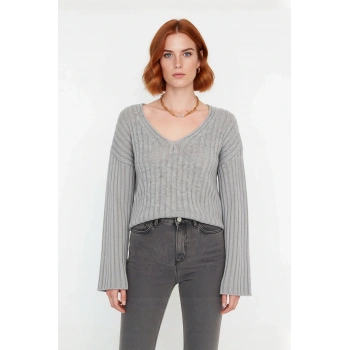 Kadın Geniş Kalıp V Yaka Yünlü Triko Kazak Basic Fitilli Uzun Kollu Günlük Şıklık İçin İdeal Seçim