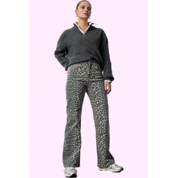 Kadın Geniş Paça Denim Pantolon Yüksek Bel Çok Animal Desenli Tüm Sezon Yaz Aylarının Vazgeçilmezi