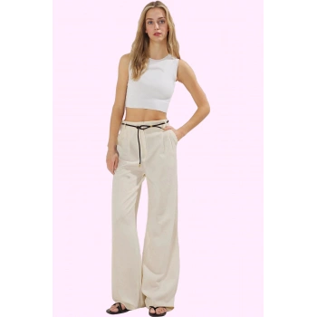 Kadın Geniş Paça Pantolon Yüksek Bel Wide Leg Finike Dokuma Yazlık Yaz Aylarının Vazgeçilmezi