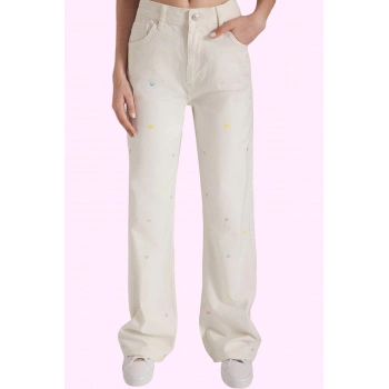 Kadın Geniş Paça Uzun Boy Denim Pantolon Nakışlı Detaylar Günlük Stil Yaz Aylarının Vazgeçilmezi