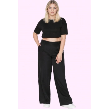 Kadın Geniş Paça Uzun Pantolon Yüksek Bel Wide Leg Düz Desen Finike Dokuma Günlük Kullanım