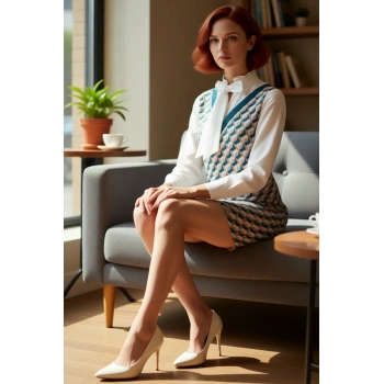 Kadın Geometrik Desenli V Yaka Shift Triko Mini Elbise Bahar Aylarının Gözdesi Modern ve Konforlu